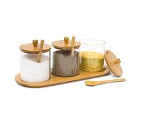 Relaxdays Pot à épices JIAO – Verre et bambou avec support et cuillères, 12 x 31 x 12 cm, naturel