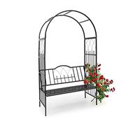 Relaxdays 10020032 Arche à rosiers avec banc colonne de jardin Arceau de plantes grimpantes obélisque pour roses avec assise pour 2 personnes-H x l x P: 203 x 114,5 x 59 cm- noir