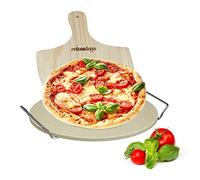 Relaxdays 10020491 Pierre à pizza ronde 1 cm avec support en métal pierre à pain cuisson four pelle à pizza bois spatule HxlxP: 4 x 32 x 32 cm, nature
