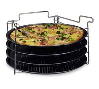 Relaxdays 10020495 Plaques de cuisson pizza lot de 4 avec support HxlxP : 20 x 32 x 32 cm avec perforation revêtement antiadhésif,