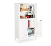 Relaxdays 10020919 Armoire de salle de bain sur pied LAMELL en bambou blanc meuble de rangement cuisine HxlxP: 92 x 50 x 25,5 cm