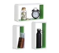 Relaxdays 10021789_252 Étagères murales cubes rectangles lot de 3 carrées livres décoration, blanc-vert