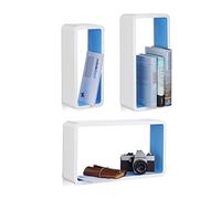 Relaxdays 10021789_361 Étagères murales cubes rectangles lot de 3 carrées livres décoration, blanc-bleu