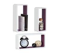 Relaxdays 10021789_749 Étagères murales cubes rectangles lot de 3 carrées livres décoration, blanc-violet