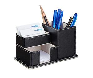 Relaxdays 10021945 Organiseur fournitures bureau similicuir tiroir, porte-stylo cartes visite 4 compartiments, noir, 10 x 18,5 x 11 cm