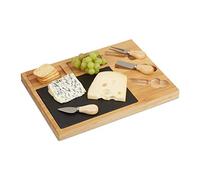 Relaxdays 10022234 Set Planche à Fromage, Plateau Subdivisé en Bambou, 3 Couteaux, 1 Plaque Ardoise, 3x40x30cm, Nature, Naturel