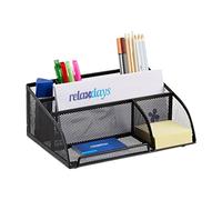 Relaxdays 10022480_46 Organiseur de Bureau stylos Lettres Porte Bloc-Notes Maille métal 5 Compartiments, Noir, 18 x 25,5 x 10,5 cm