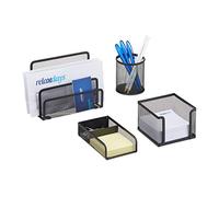 Relaxdays 10022501_46 Ensemble Accessoires 4 pièces Organiseur Bureau métal Maille Bloc-Notes stylos Porte-courrier, Noir, 14,5 x 17,5 x 13,5 cm