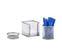 Relaxdays 10022502_55 Set 3 Fournitures Bureau Métal Organiseur 2 Pot à Crayon Punaises avec Support de Notes Adhésives Argenté, Standard