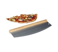 Relaxdays 10022558, argenté Hachoir berceuse Couteau à Pizza Inox avec manche en bois, 1 Lame avec Étui protecteur HxB 12x35cm