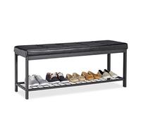 Relaxdays 10023311_46 Banc Range-chaussures XXL Ouvert Coussin moelleux Similicuir Support Grillage Métal 49x115x40cm Noir, HLP 49 x 115 x 40 cm