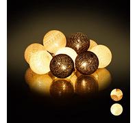 Relaxdays 10024370_879 Guirlande Lumineuse LED, 10 Boules Coton, Fonction Piles, Lumières d’Ambiance, Sphères Ø6 cm, Blanc-Gris-Noir, polystyrène, 160 cm