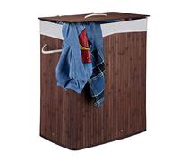 Relaxdays 10024382_93 Corbeille bambou panier à linge 2 compartiments coffre pliable couvercle 100 litres, marron, 63 x 52 x 33 cm
