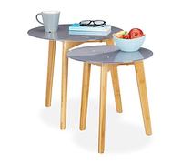 Relaxdays 10024776 basse gigogne lot de 2, d’appoint ronde, Table de chevet, Pieds bambou, 40 & 50 cm Ø, gris/nature, verre, 2