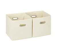 Relaxdays 10025656_127 Lot de 2 boîtes de rangement, sans couvercle, avec poignée, pliable, panier en tissu carré, 30 cm, beige, polyester, carton, 30 x 30 x 30 cm