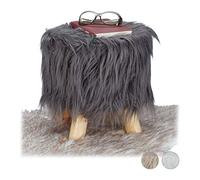 Relaxdays 10025735_111 Tabouret fausse fourrure poils pouf 4 pieds, synthétique, Gris, 31 x 31 cm