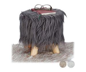 Relaxdays 10025735_111 Tabouret fausse fourrure poils pouf 4 pieds, synthétique, Gris, 31 x 31 cm