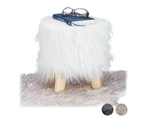 Relaxdays 10025735_49 Tabouret fausse fourrure poils pouf 4 pieds bois, blanc, 31 x 31 cm