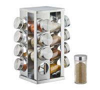 relaxdays 10026461 Carrousel, 16 Pots en Verre, Présentoir à épices INOX, Rotatif 360°, argenté