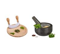 Relaxdays 10027485 Berceuse, Hachoir Demi-Lune, Couteau INOX Herbes, HxD: 2 x 20 cm & Mortier en granit avec pilon, robuste, pour épices, herbes, mortier en pierre polie, d. 16 cm, 400 ml, gris