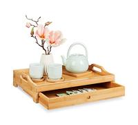 Relaxdays 10027594 Plateau de Service en Bambou, Petit déjeuner, en Bois, tiroir Amovible, poignées, HLP 10 x 43 x 31 cm, Nature, MDF, 1 x