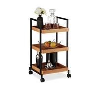 Relaxdays 10027598 Chariot de Service, Desserte de Cuisine, Bambou et Fer, 3 étages, carré, 4 Roues, 69,5 x 37 x 34 cm, Naturelle