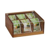 Relaxdays 10027602 Boîte Bois Acacia, Coffret 90 sachets thé, Couvercle, 6 Compartiments, HxlxP: 9,5 x 22 x 20,5 cm, Nature