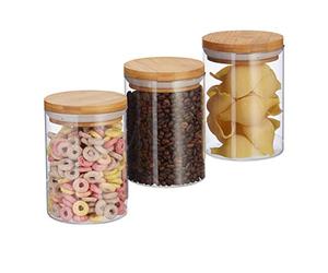 Relaxdays 10027994 Vorratsdosen Glas Boîtes de Stockage en Verre, Jeu de 3, Tailles 600 ML,pâtes, Riz, céréales, Café, D 5 cm, Bambou