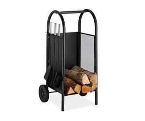 Relaxdays 10028779 Chariot à bois Serviteur, Charrette bûches Acier, outils de cheminée, pelle,balai,tisonnier,noir, plastique, caoutchouc, 81 x 42 x 37 cm