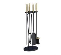 Relaxdays 10028781 Ensemble serviteur de cheminée 5 pièces, acier laiton, accessoire pelle balai support tisonnier, noir/or, 1