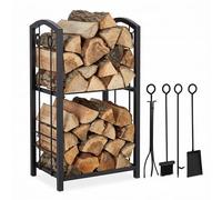 Relaxdays 10028783 Etagère à bois serviteur, 2 Etages Porte buche, outils cheminée, pelle,balai,pince,tisonnier, noir, acier, plastique, 73 x 46 x 30 cm