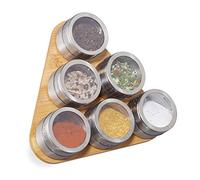 Relaxdays 10028836 Étagère Bambou, 6 Pots INOX, Support à épices, Rangement magnétique aimanté, Nature, argenté, 1 élément