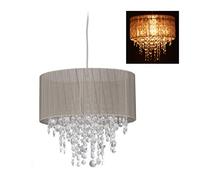 Relaxdays 10029524 lampe suspension en cristal, Abat-jour en organza, E27, lustre pour salon, Hx D 129 x 32 gris/argent, plastique, tissu, métal, 1 élément