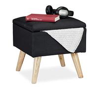 Relaxdays 10029605_46 Tabouret avec Espace de Rangement, rembourré Lin Artificiel, Pieds en Bois, Couvercle, HlP 40x40x40cm, Noir, MDF, Tissu, 1