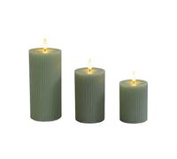 Relaxdays Bougies LED Lot de 3, Flamme vacillante, Cire véritable, rainurées, sans Flamme, Sauge, 18x7,5x7,5 cm