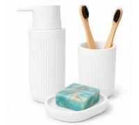 Relaxdays Accessoires de Salle de Bain 3 pièces, Porte-Savon, Blanc | distributeur de savon, gobelet à dents, polyrésine