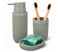 Relaxdays Accessoires de Salle de Bain 3 pièces, Porte-Savon, Gris Clair | distributeur de savon, gobelet, polyrésine
