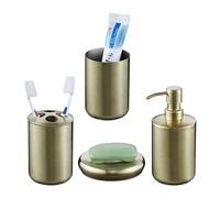 Relaxdays Accessoires de Salle de Bain, 4 pièces, Acier INOX, Porte-Savon, Distributeur de Savon, gobelets, doré