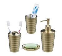 Relaxdays Accessoires de Salle de Bain, 4 pièces, en Acier INOX, Porte-Savon, Distributeur de Savon, gobelets, doré