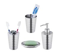 Relaxdays Accessoires de Salle de Bain, 4 pièces, en Acier INOX, Porte-Savon, Distributeur de Savon, gobelets, argenté