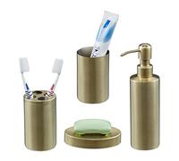 Relaxdays Accessoires de Salle de Bain, 4 pièces, en INOX brossé et Plastique, Design Moderne et harmonieux, doré