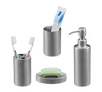Relaxdays Accessoires de Salle de Bain, 4 pièces, en INOX brossé et Plastique, Design Moderne et harmonieux, argenté