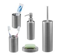Relaxdays Accessoires de Salle de Bain, 5 pièces, en INOX brossé et Plastique, Design Moderne et harmonieux, argenté