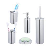 Relaxdays Accessoires de Salle de Bain, 5 pièces, en INOX Poli et Plastique, Design Moderne et harmonieux, argenté