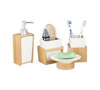 Relaxdays Accessoires salle de bain bambou céramique Set 4 pièces distributeur savon gobelet brosse à dent, nature blanc