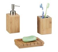 Relaxdays Accessoires salle de bain bambou Set 3 pièces distributeur savon gobelet brosse à dent porte-savon, nature