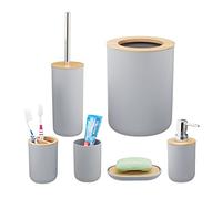 Relaxdays Accessoires Salle de Bain, Lot de 6, en Plastique et en Bambou, Ensemble Complet, Gris