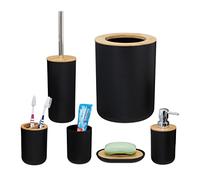 Relaxdays Accessoires Salle de Bain, Lot de 6, en Plastique et en Bambou, Ensemble Complet, Noir