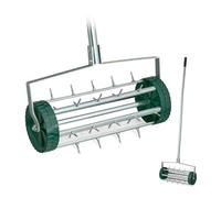 Relaxdays aérateur de Gazon Roulant, avec Manche, scarificateur Manuel, HBT : 145x44x21 cm, Rouleau à Gazon, Argent/Vert