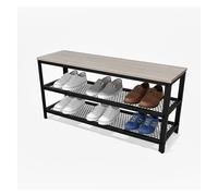Relaxdays Banc à Chaussures, 8 Paires, H45×L100×P30 cm, 2 étagères grillagées, Assise Aspect Bois, Marron Clair/Noir